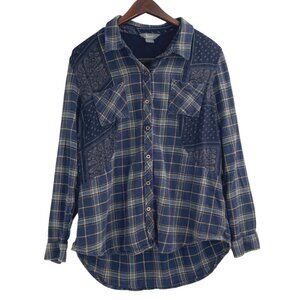 Natural Reflections Womens Large Plaid Button-Up Shirt Bandana Patchwork Blue